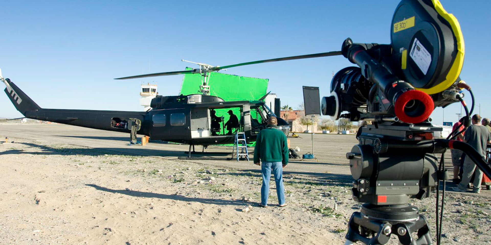 Second Unit film camera and helicopter green-screen rig on set